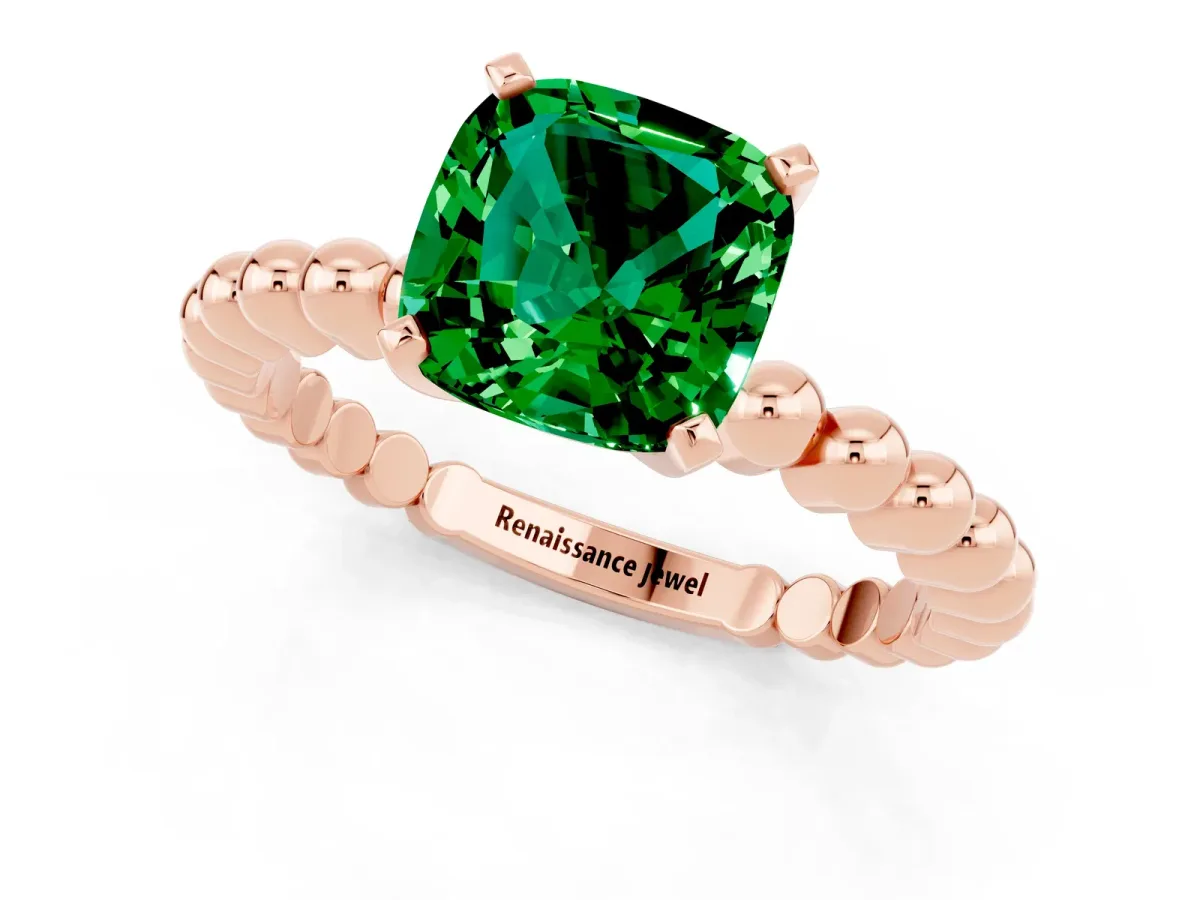 Cushion Cut Emerald Solitaire Ring with Beaded Band and Prong Setting Rose gold
