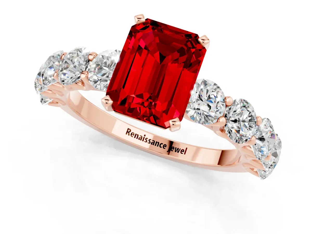 Emerald Cut Ruby Prong Setting with Side Stones on a Pave Band Rose gold