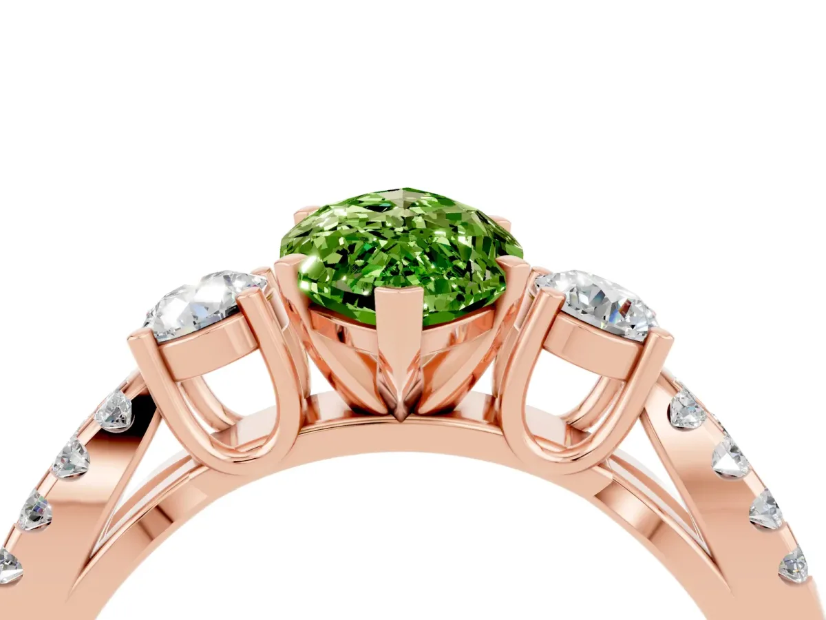 Marquise Cut Peridot Three-Stone Ring with Pavé Split Shank and Four-Prong Setting Rose gold