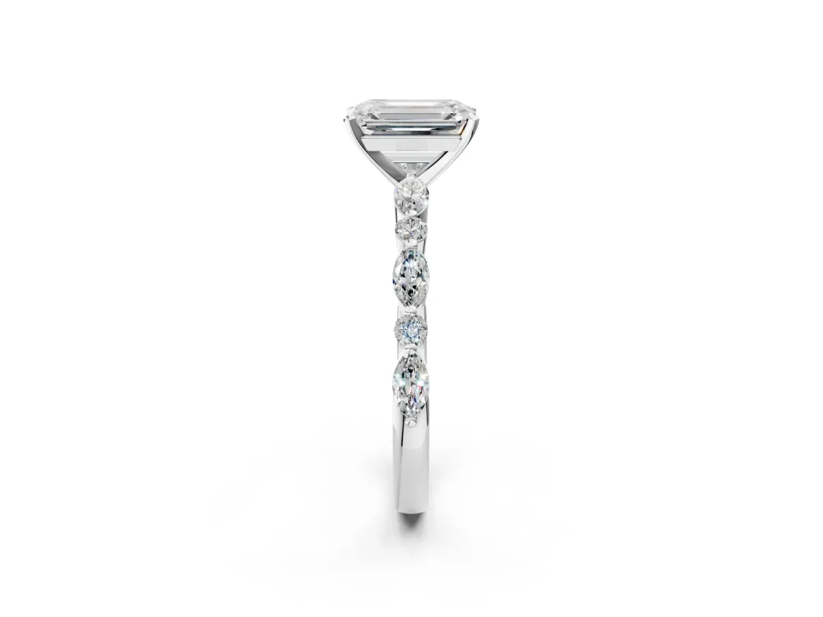Emerald Cut Diamond Ring with Marquise and Round Side Stones and Four-Prong Setting Silver