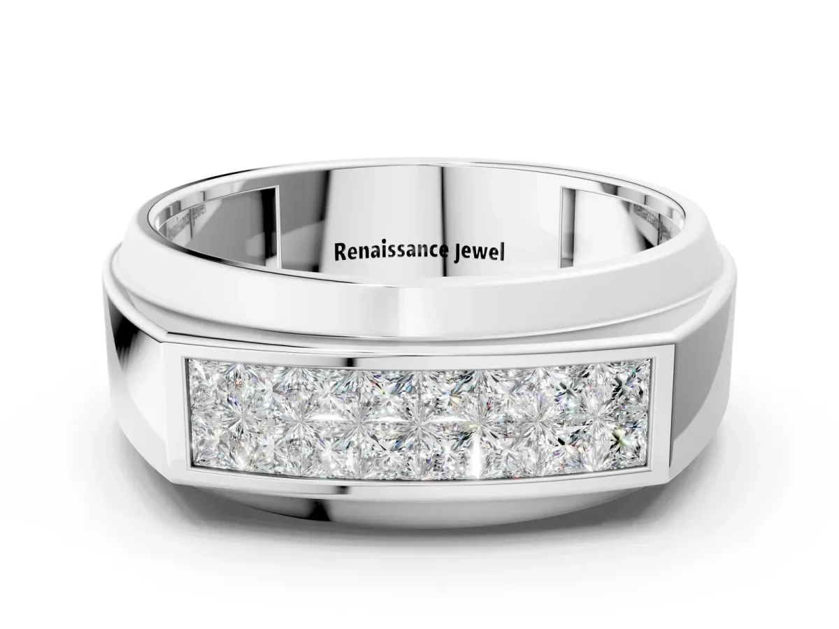 Princess Diamond Pavé Panel Mens Band Silver