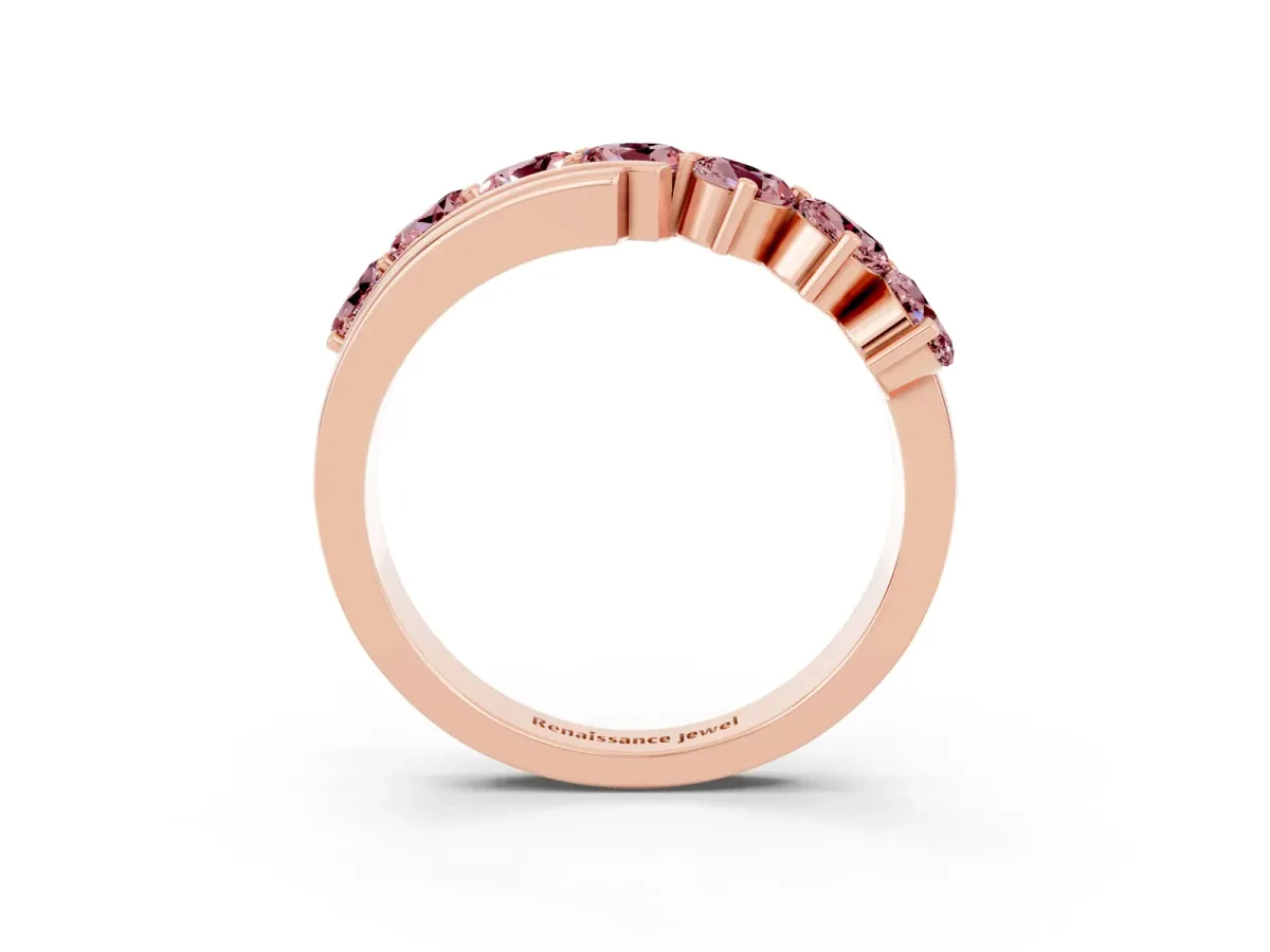 Round Morganite Wave Band with Channel and Shared Prong Setting Rose gold