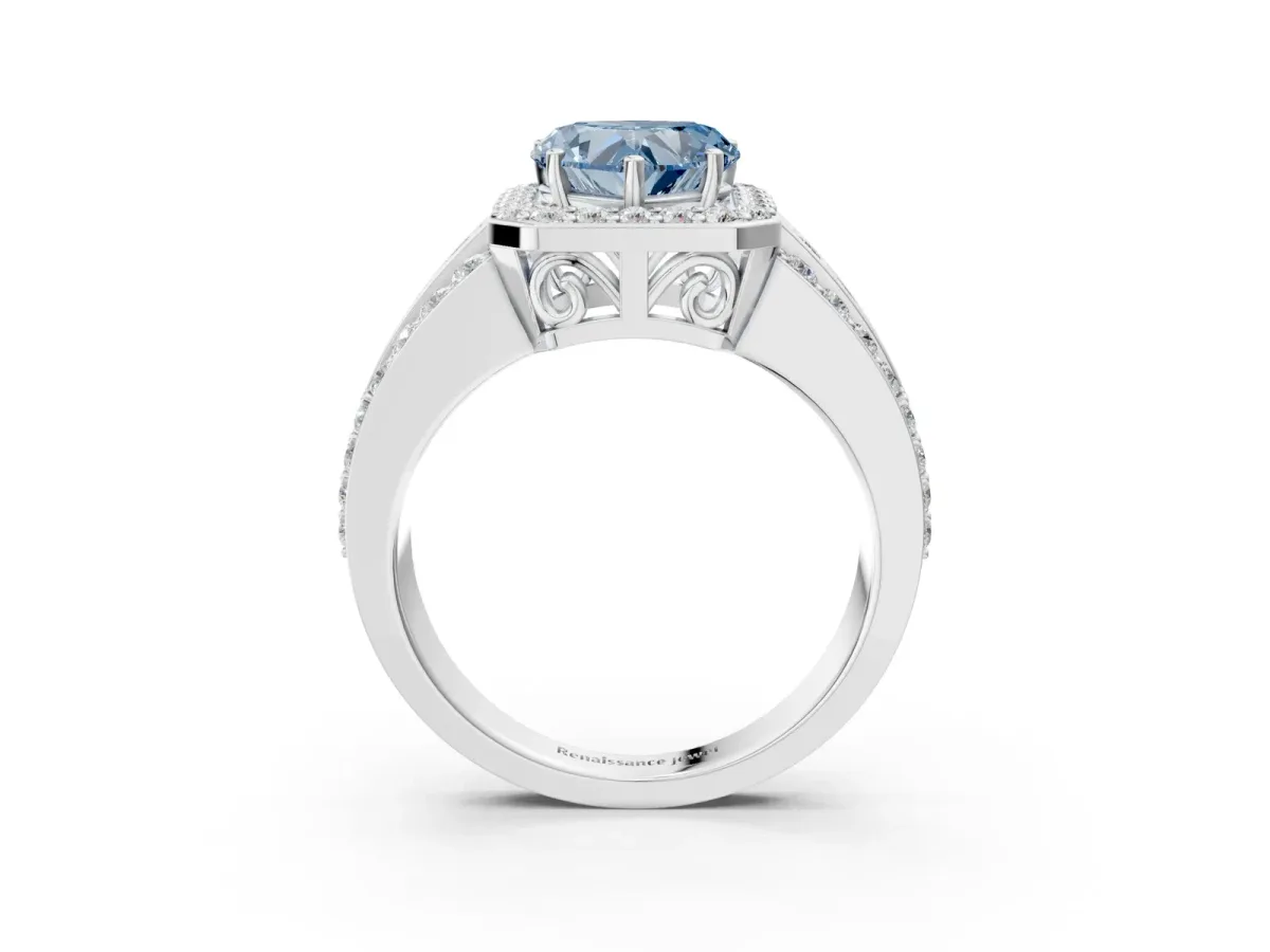 Fancy Blue Heart Cut Halo Diamond Ring with Round Split Shank and Prong Setting Platinum