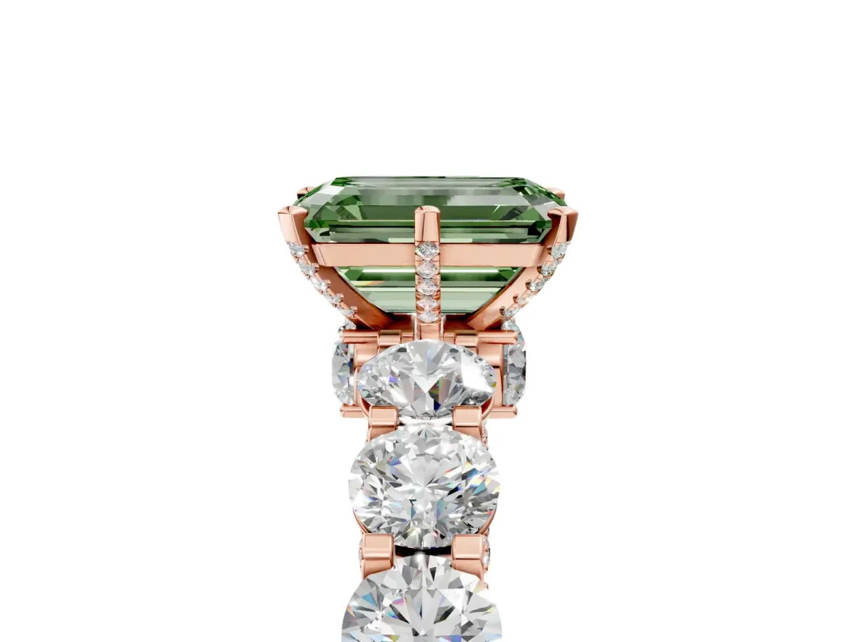Fancy Green Emerald Cut Diamond Side Stone Engagement Ring with Four-Prong Setting Rose gold