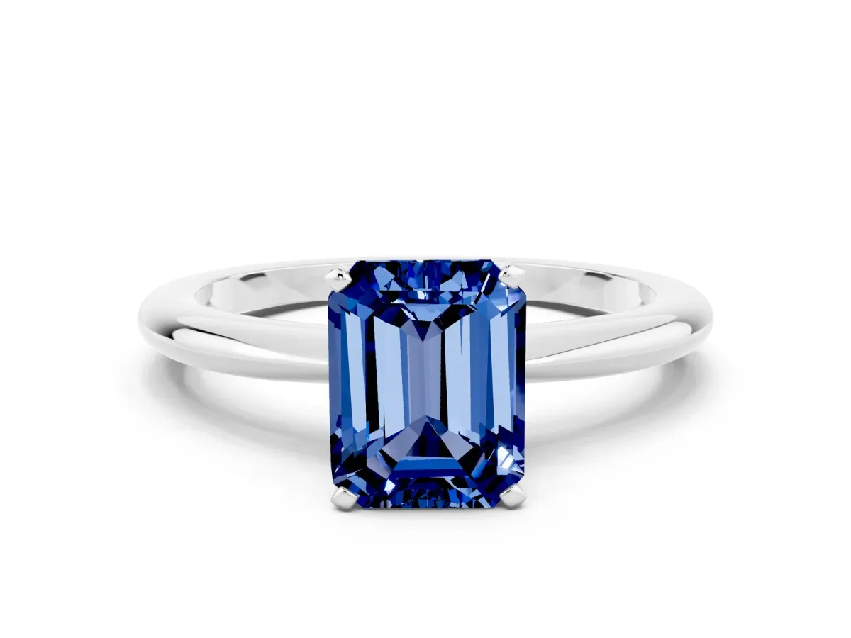 Emerald Cut Blue Sapphire Solitaire Ring with Six-Prong Setting and Classic Band Platinum