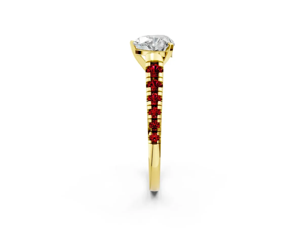 Heart Cut Diamond Cathedral Solitaire Ring with Round Ruby Pavé Band Yellow gold