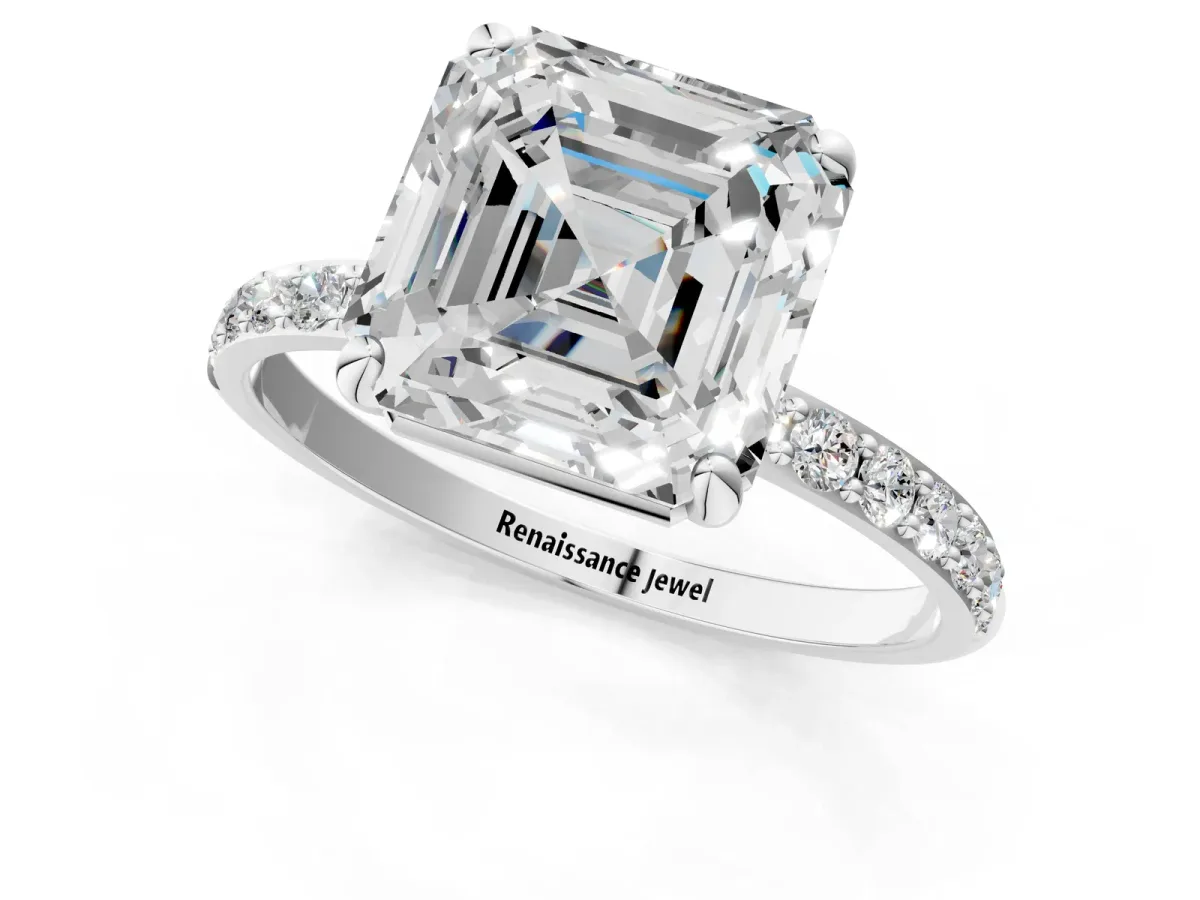 Asscher Cut Diamond Solitaire Ring with Round Pavé Band and Prong Setting Platinum