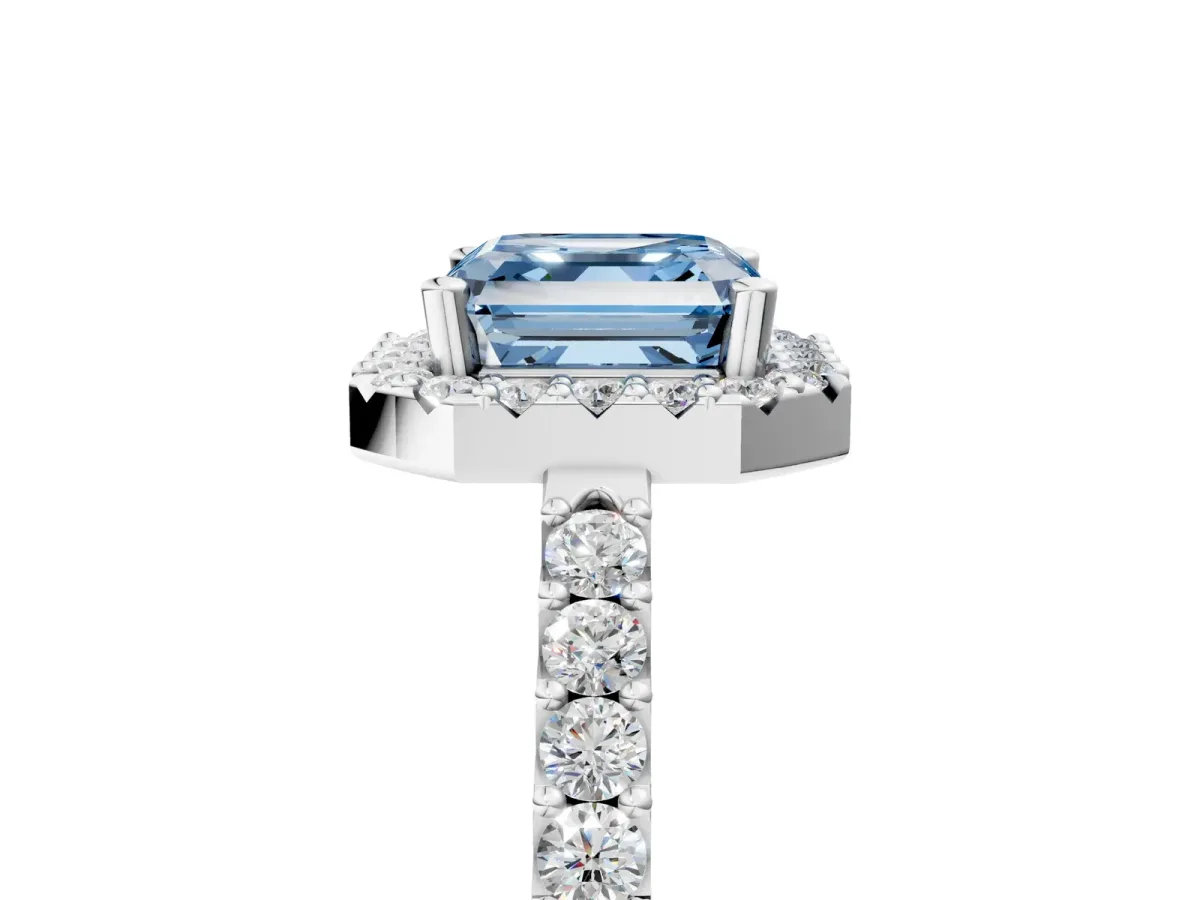 Fancy Blue Asscher Cut Halo Diamond Pavé Solitaire Ring Silver