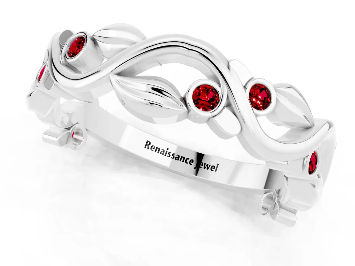 Round Ruby Leaf Eternity Band with Bezel Setting White gold