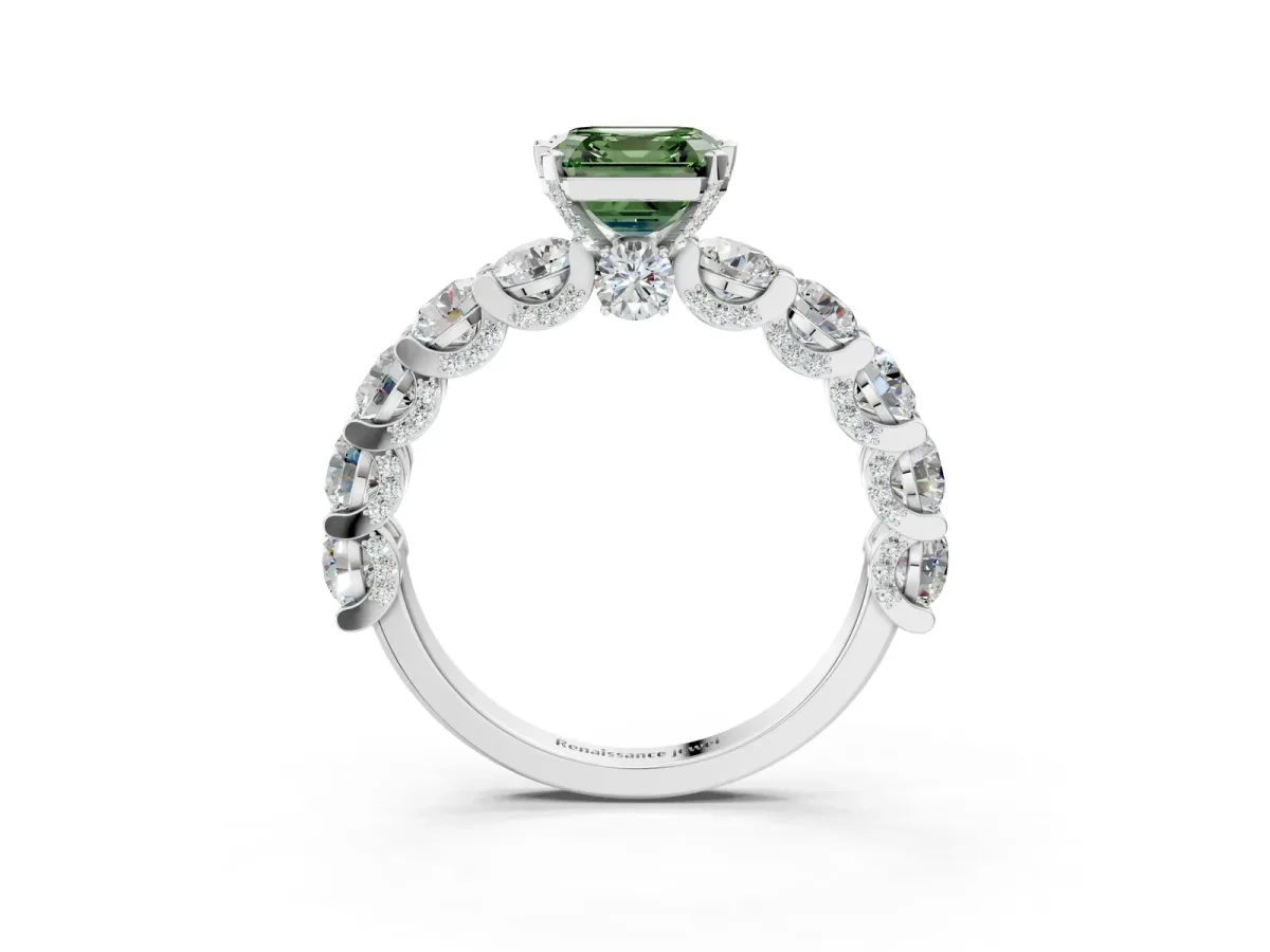 Fancy Green Asscher Cut Diamond Side Stone Engagement Ring with Four-Prong Setting White gold
