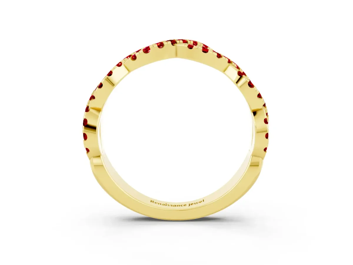 Round Ruby Twisted Eternity Band with Pavé and Shared Prong Setting Yellow gold