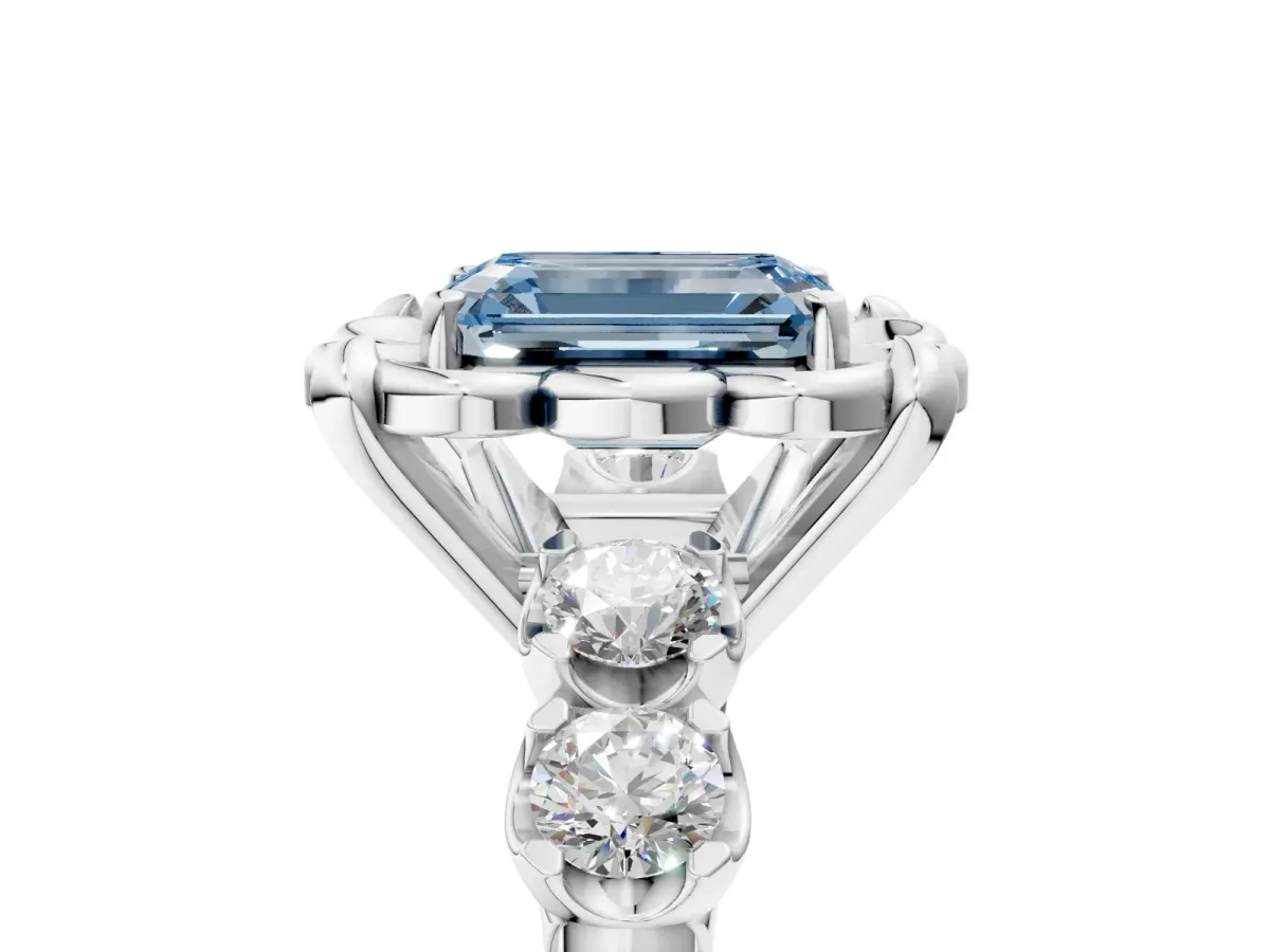 Fancy Blue Emerald Cut Cut Diamond Floral Halo Engagement Ring with Shared Prong Setting Silver