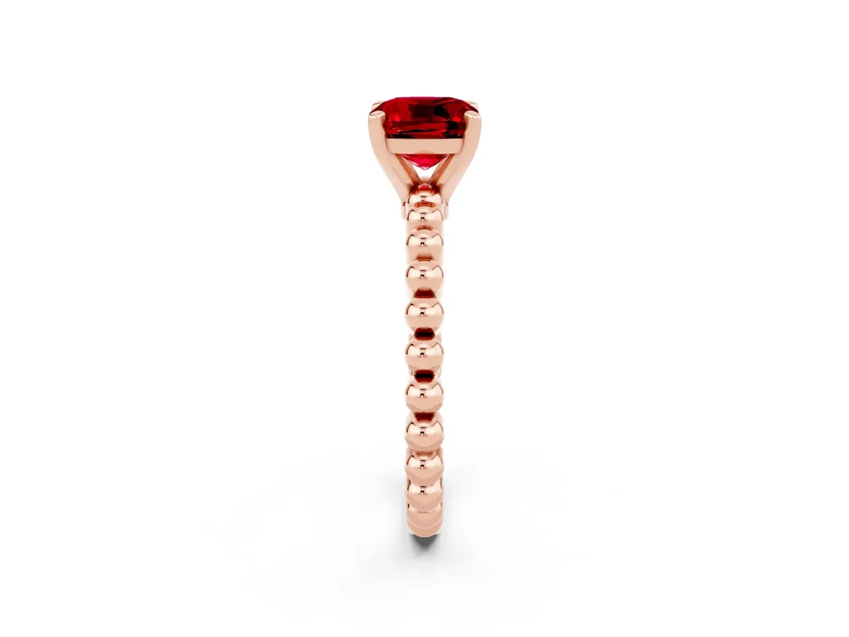 Cushion Cut Ruby Solitaire Ring with Beaded Band and Prong Setting Rose gold