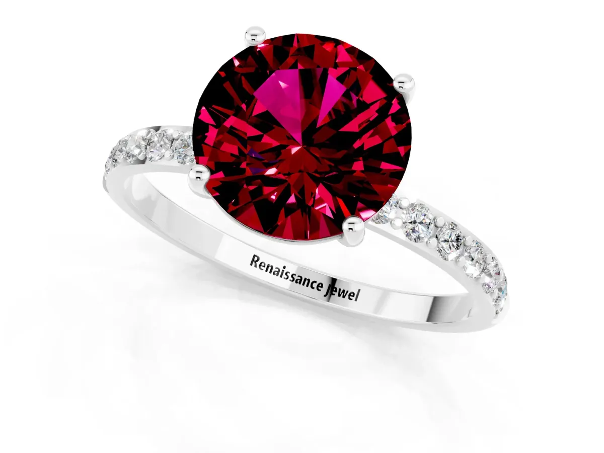 Round Cut Garnet Solitaire Ring with Round Pavé Band and Prong Setting Silver