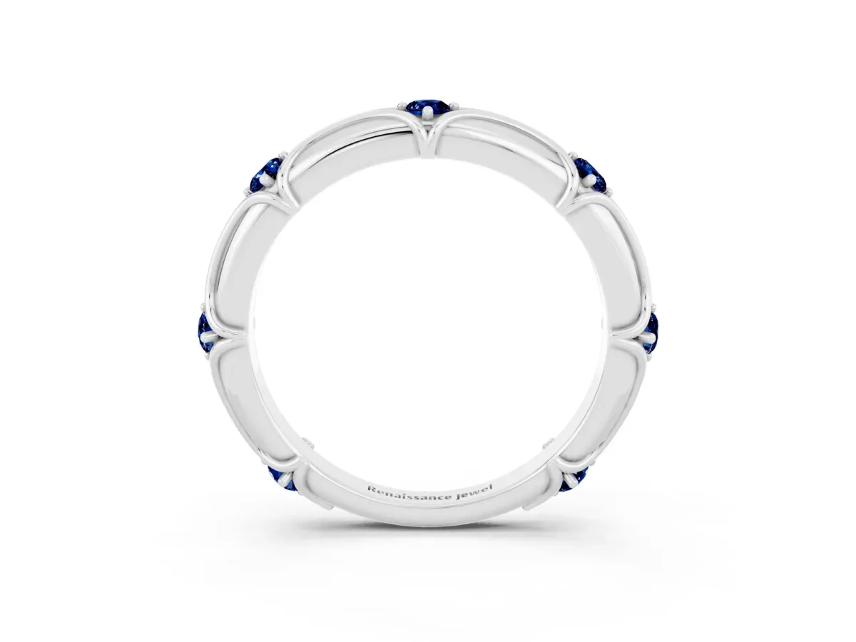 Round Blue Sapphire Prong Set Milgrain Eternity Band Silver