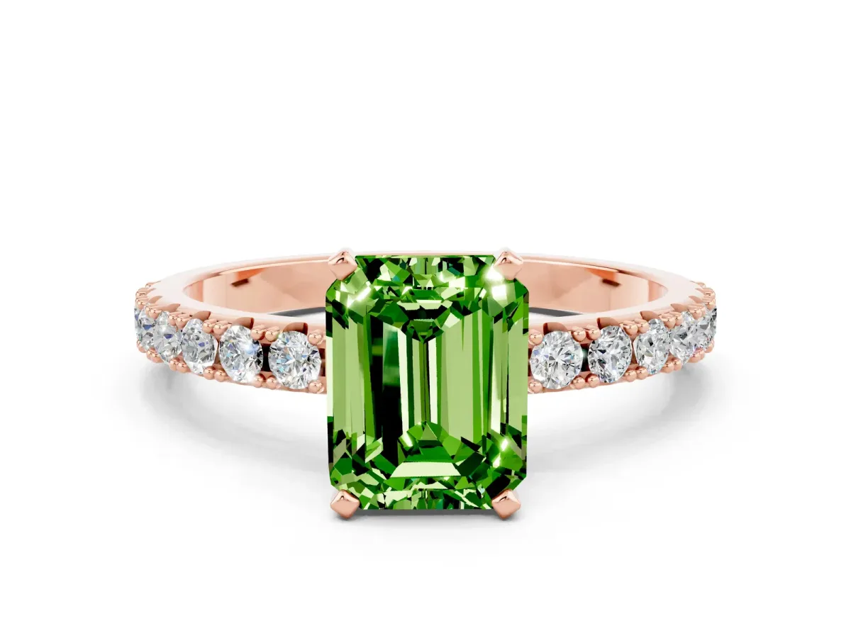 Emerald Cut Peridot Solitaire Pavé Band with Four-Prong Setting Rose gold