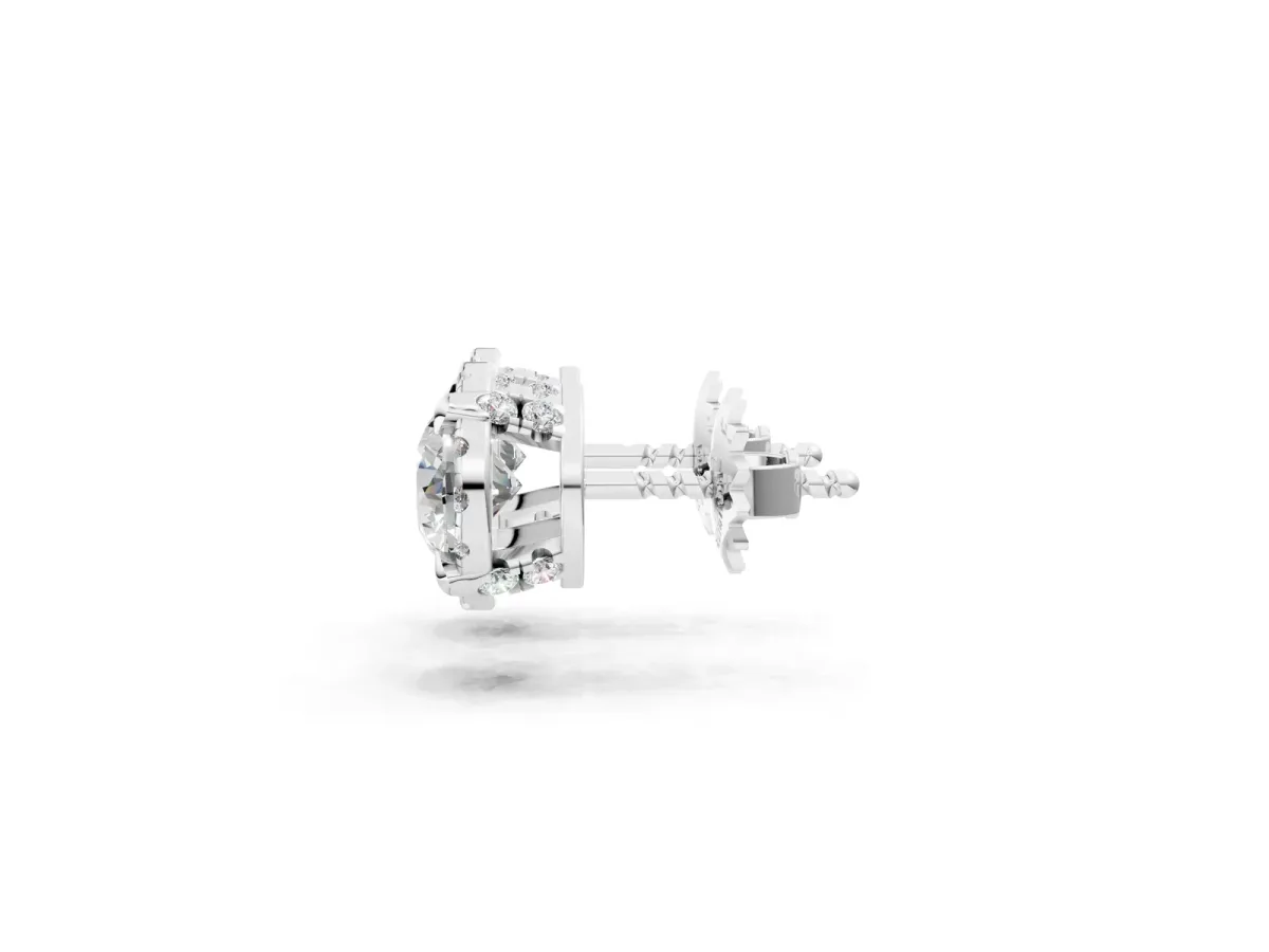 Round Cut Diamond Halo Stud Earrings with Pavé Accents Silver