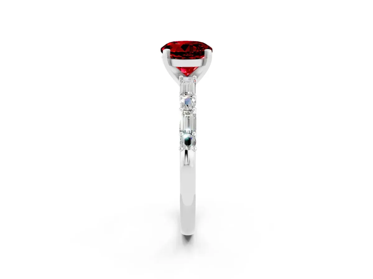 Round Cut Ruby Solitaire with Side Baguettes and Channel Set Band Platinum