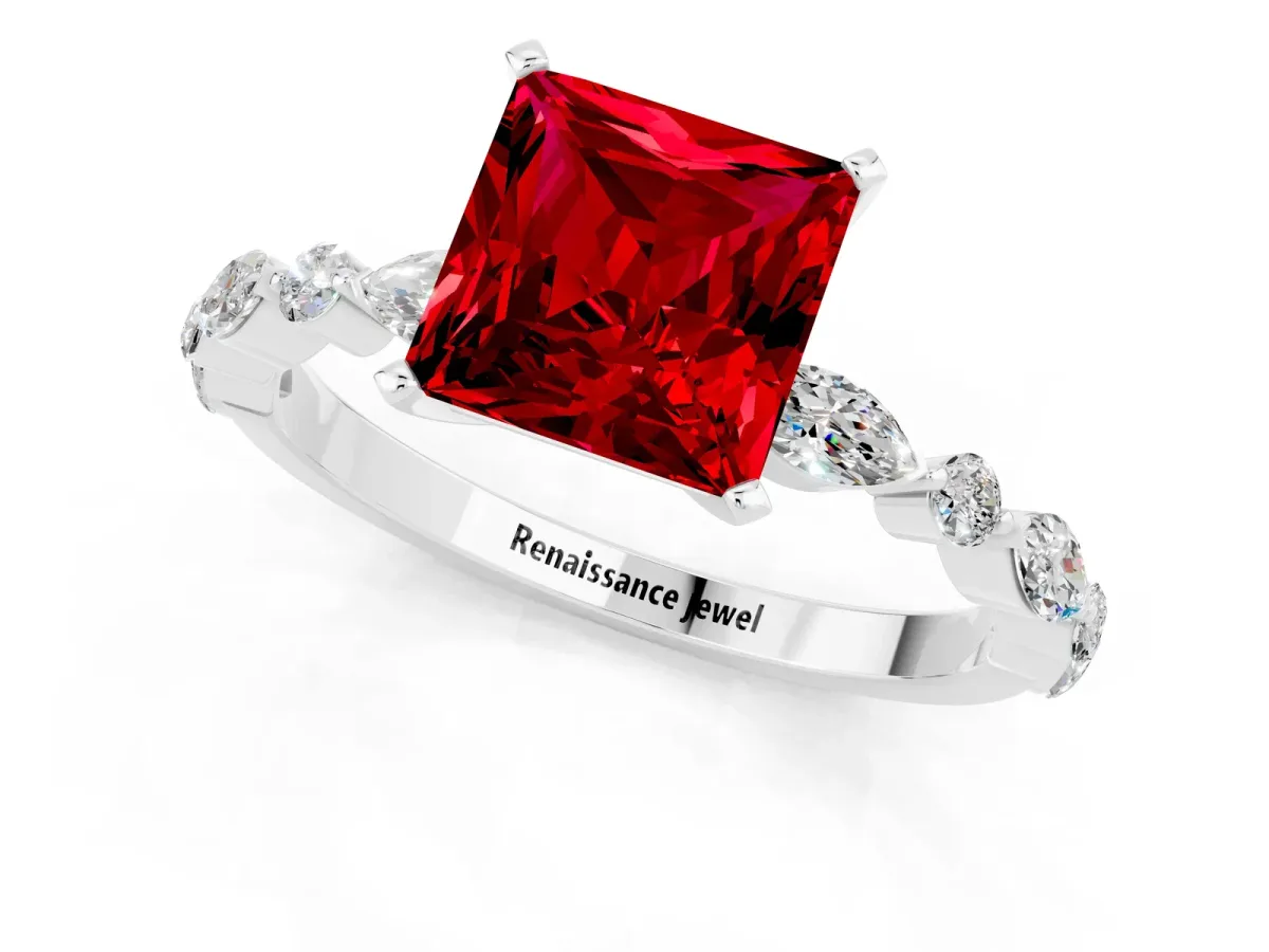 Princess Cut Ruby Ring with Marquise and Round Side Stones and Four-Prong Setting Silver