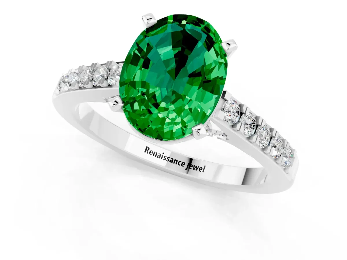 Oval Cut Emerald Solitaire Ring with Crossover Gallery and Round Pavé Band Platinum
