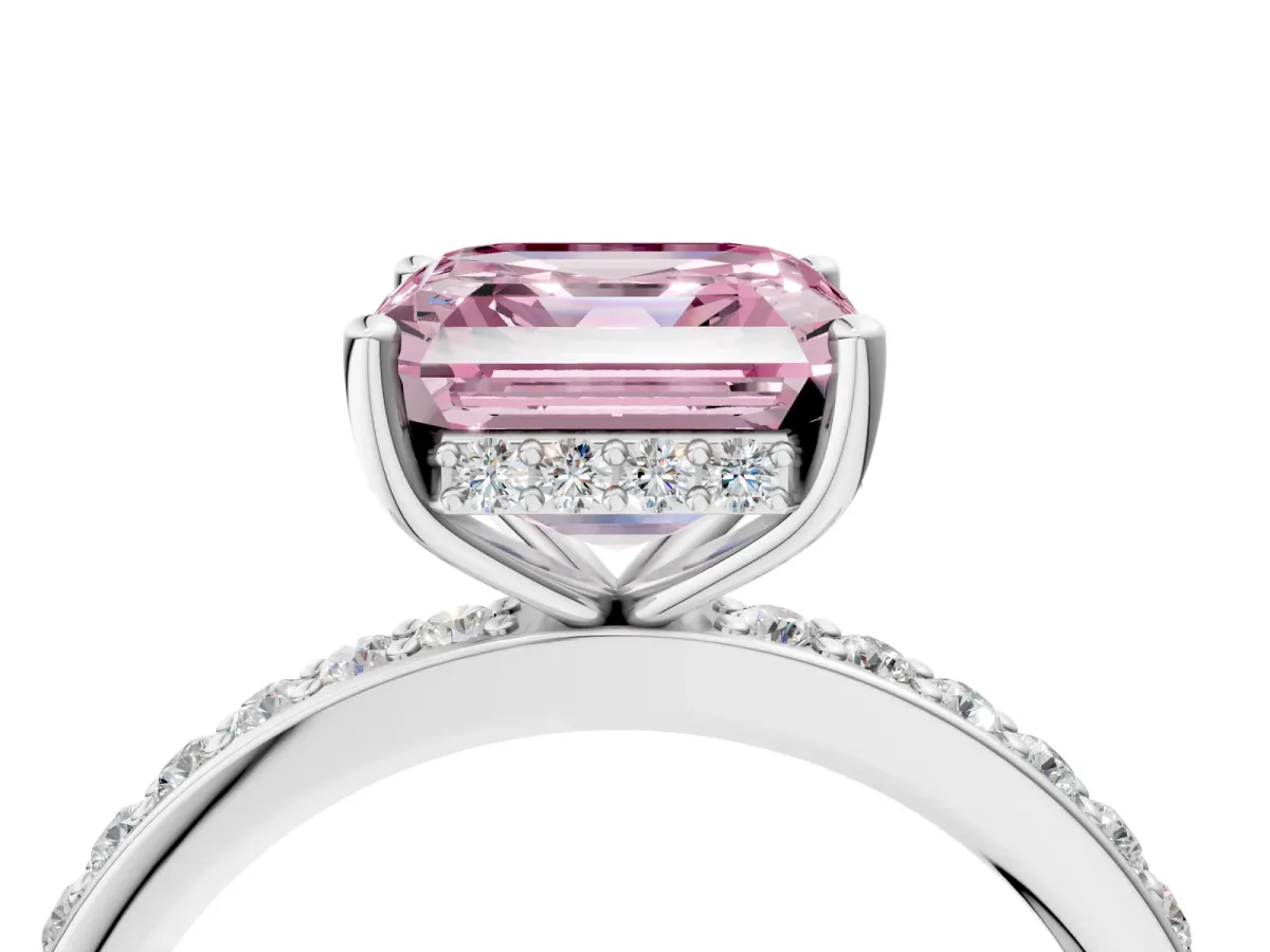 Fancy Pink Asscher Cut Cut Diamond Pavé Band Ring with Four-Prong Setting Platinum