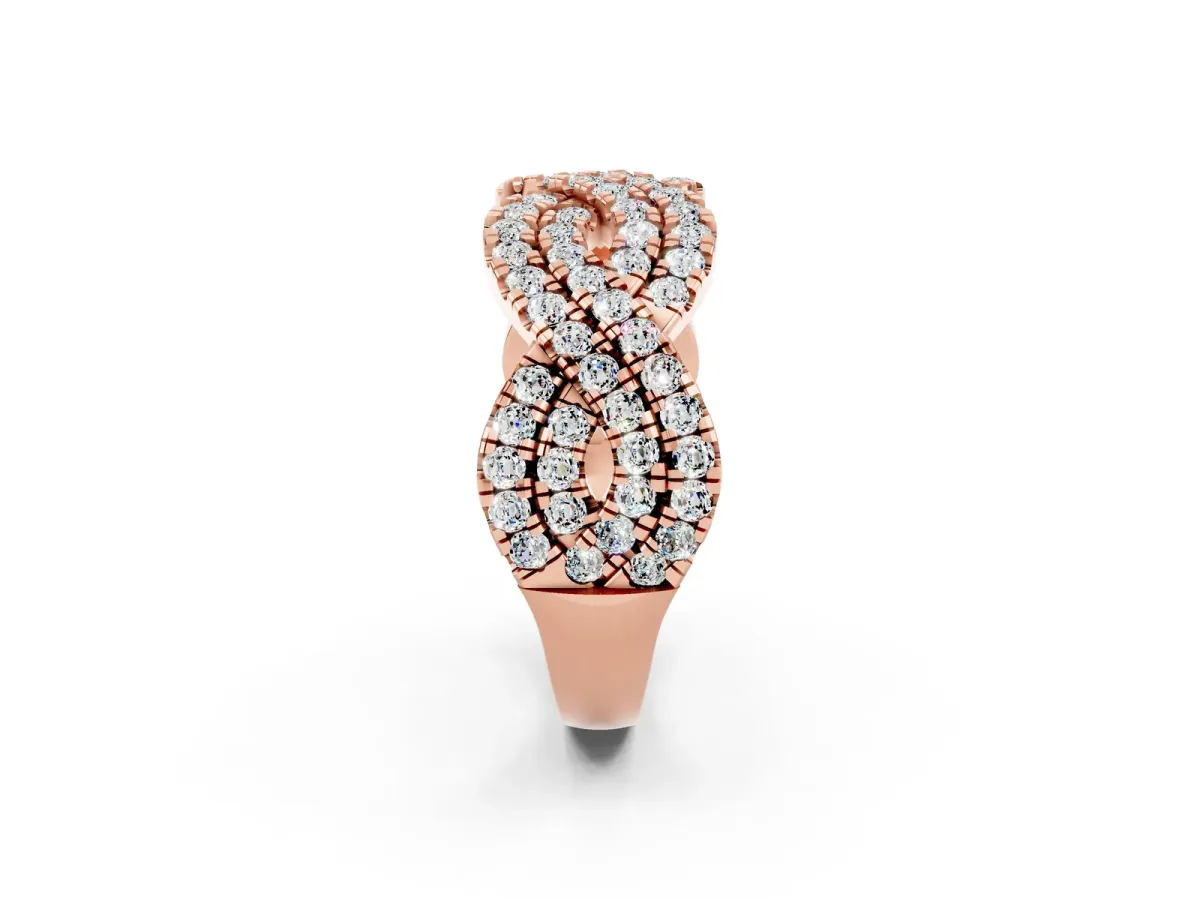 Pavé Round Moissanite Infinity Twist Band with Shared Prong Setting Rose gold