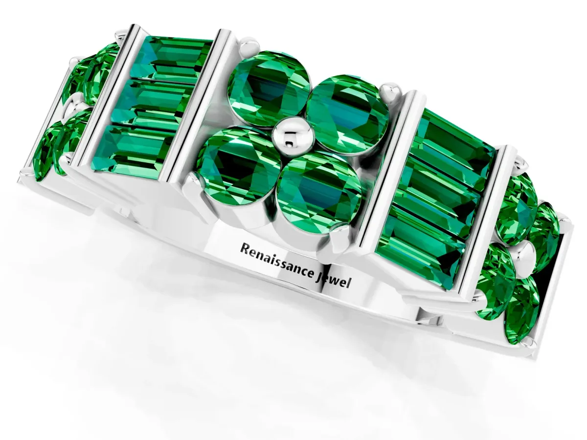 Channel Set Round and Baguette Emerald Anniversary Band with Prong Setting Silver