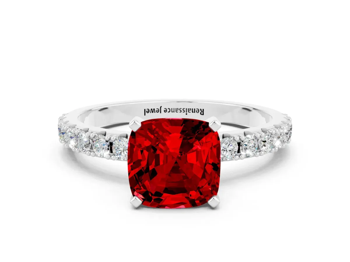 Cushion Cut Ruby Solitaire Pavé Band with Four-Prong Setting Platinum