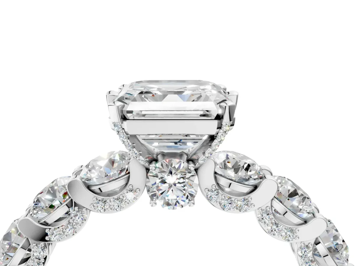 Asscher Cut Diamond Side Stone Engagement Ring with Four-Prong Setting Silver