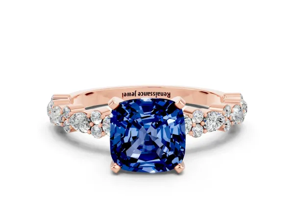 Cushion Cut Blue Sapphire Side Stone Solitaire Ring with Round and Four-Prong Setting Rose gold