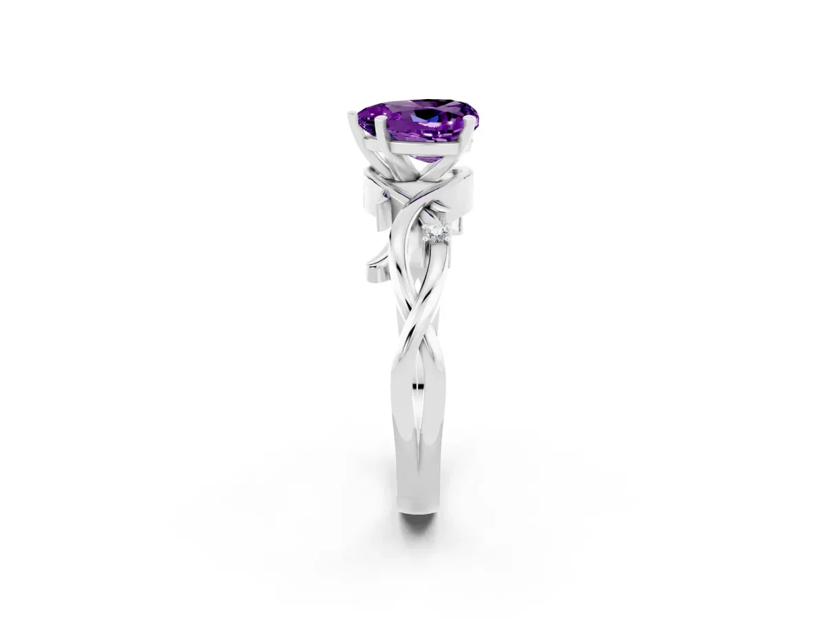 Heart Cut Amethyst Solitaire Ring with Twisted Band and Prong Setting Silver
