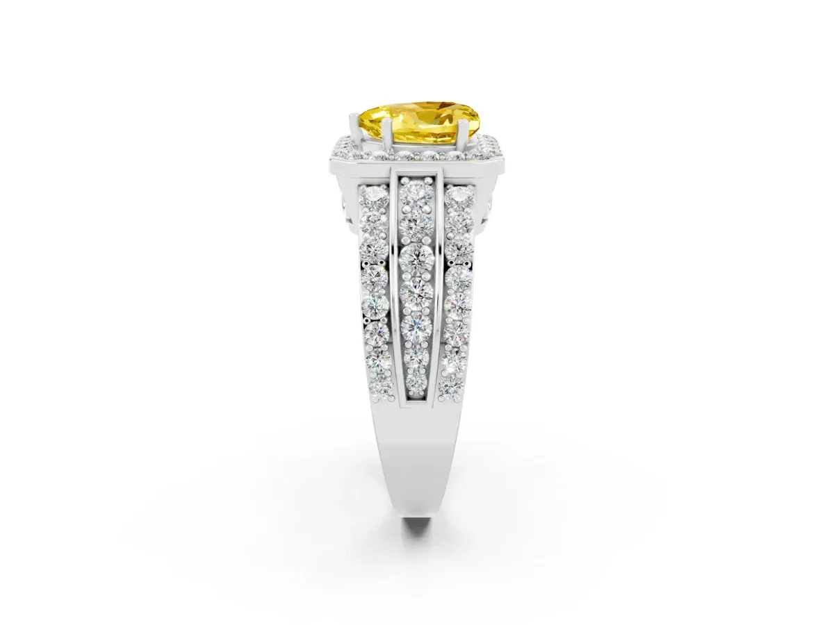 Heart Cut Halo Yellow Sapphire Ring with Round Split Shank and Prong Setting Silver