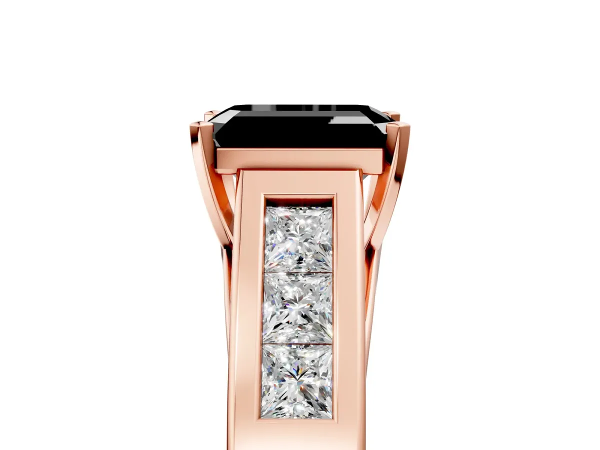 Fancy Black Emerald Cut Cut Channel Set Solitaire Ring with Four-Prong Setting Rose gold