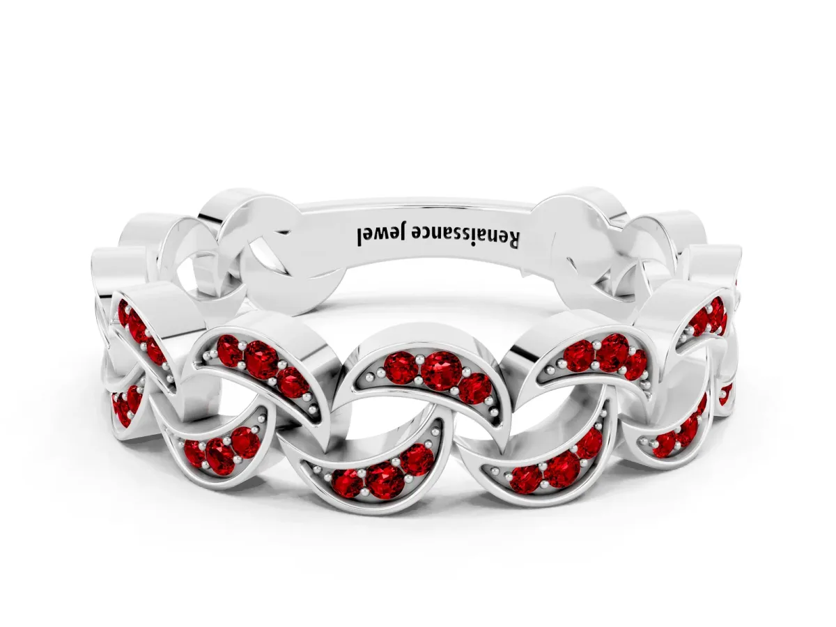 Pavé Round Ruby Interlocking Eternity Band with Bezel Prong Setting Platinum
