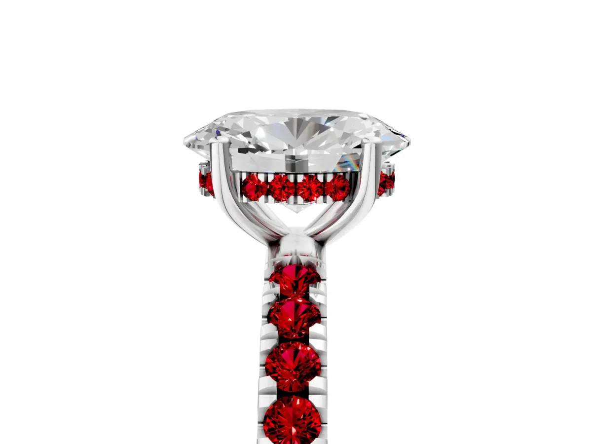 Oval Cut Diamond Pave Band Solitaire Ring with Round Ruby and Prong Setting Platinum
