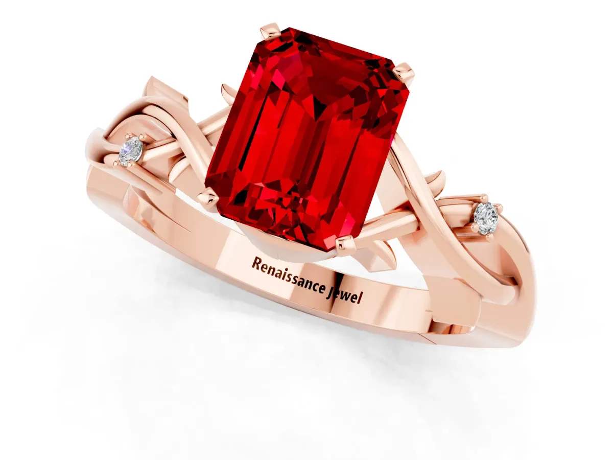 Emerald Cut Ruby Solitaire Ring with Twisted Band and Prong Setting Rose gold