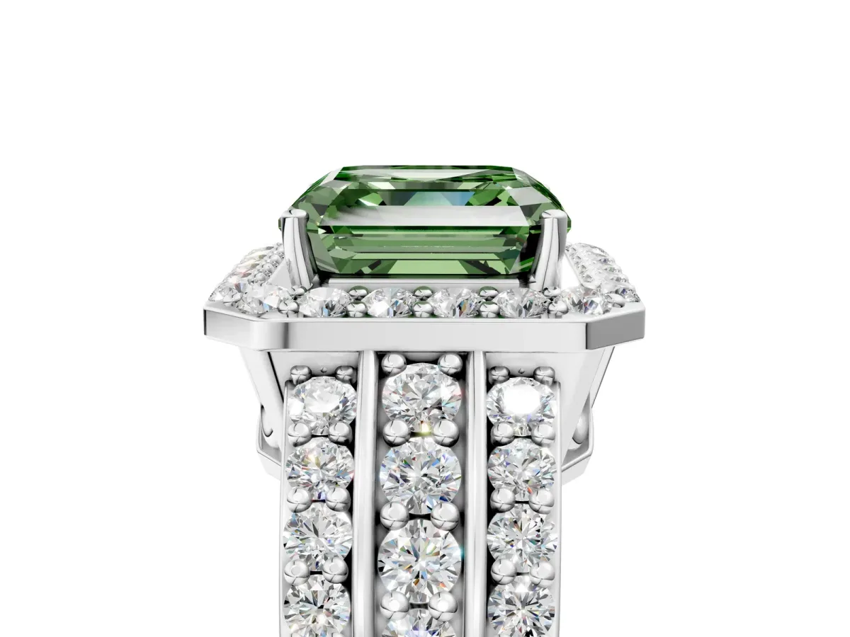 Fancy Green Asscher Cut Halo Diamond Ring with Round Split Shank and Prong Setting Platinum
