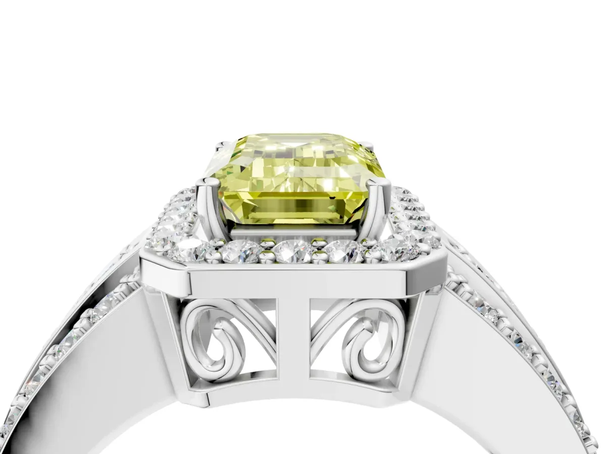 Fancy Yellow Emerald Cut Halo Diamond Ring with Round Split Shank and Prong Setting Silver