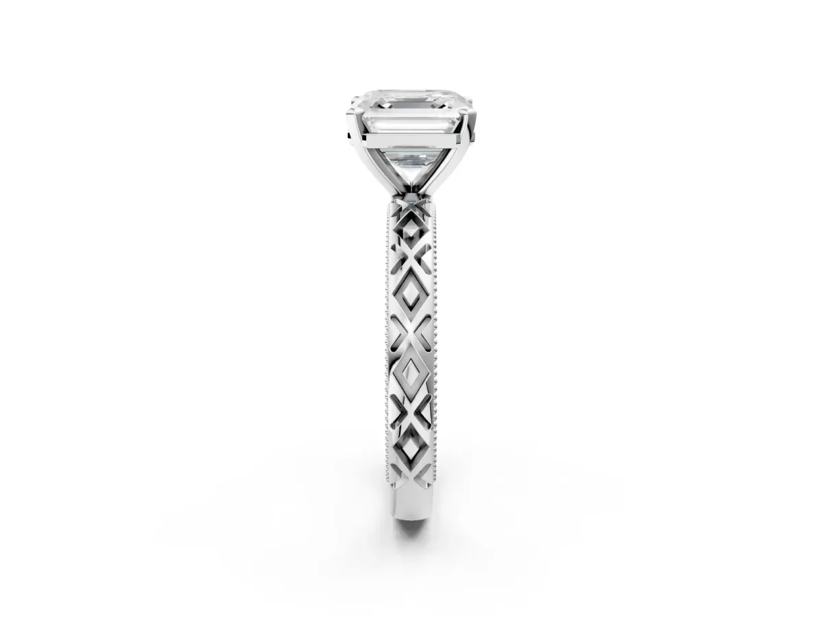 Asscher Cut Solitaire Diamond Ring with Milgrain and Black Enamel X Pattern Band Platinum