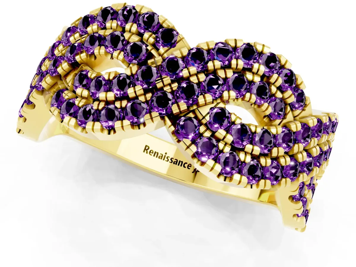 Pavé Round Amethyst Infinity Twist Band with Shared Prong Setting Yellow gold