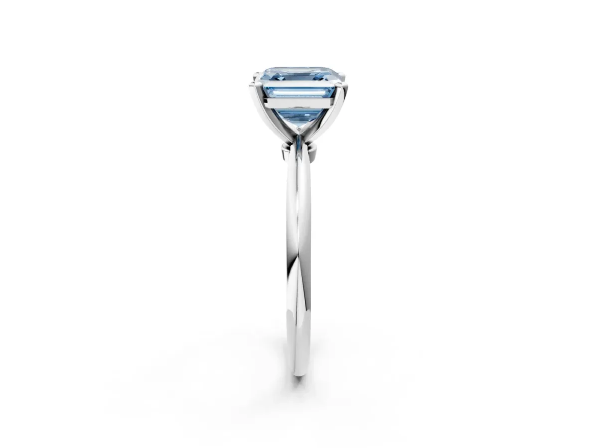 Fancy Blue Asscher Cut Diamond Solitaire Ring with Six-Prong Setting and Classic Band Silver