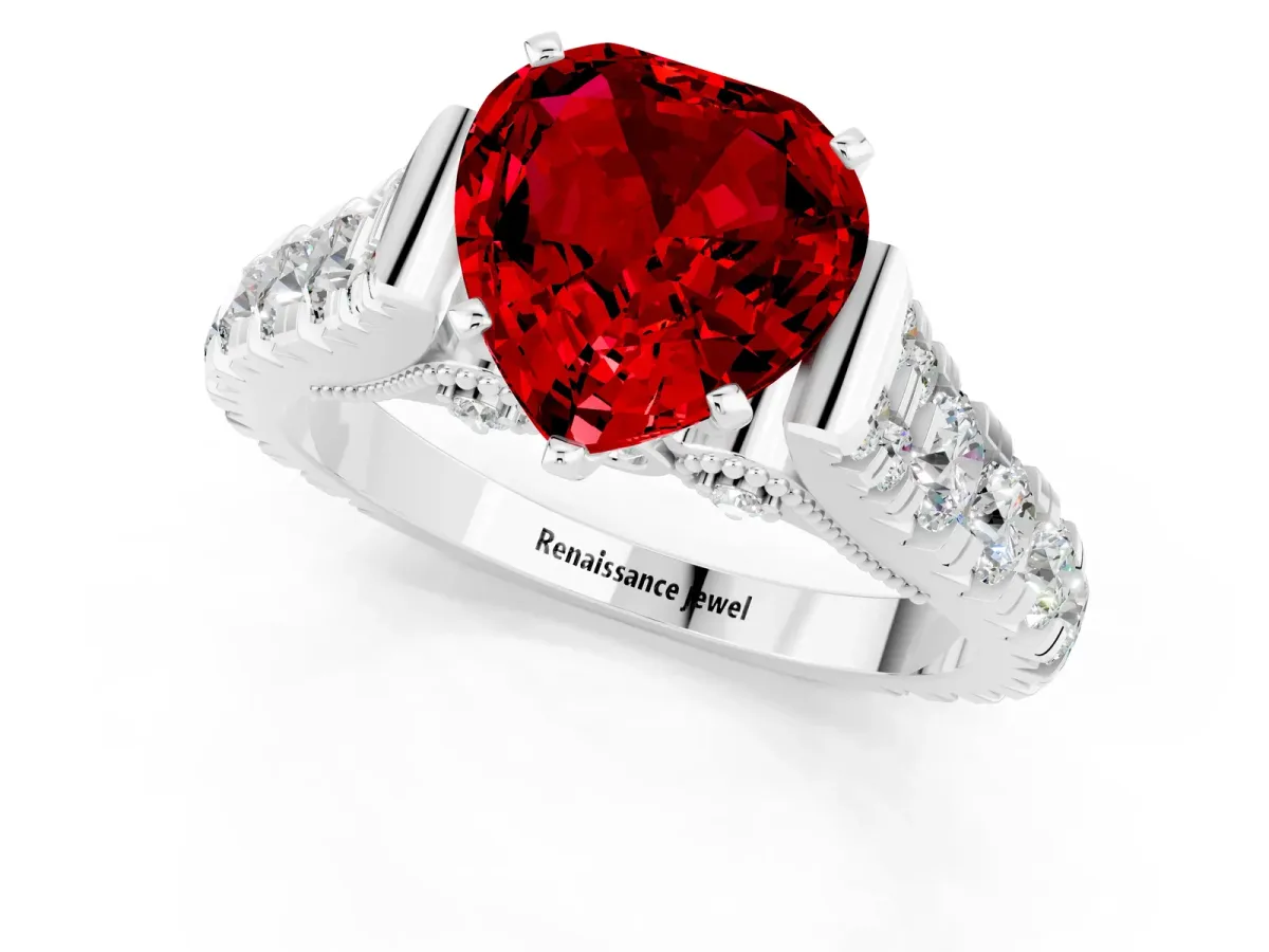 Heart Cut Ruby Classic Solitaire Ring with Pavé Band and Four-Prong Setting White gold