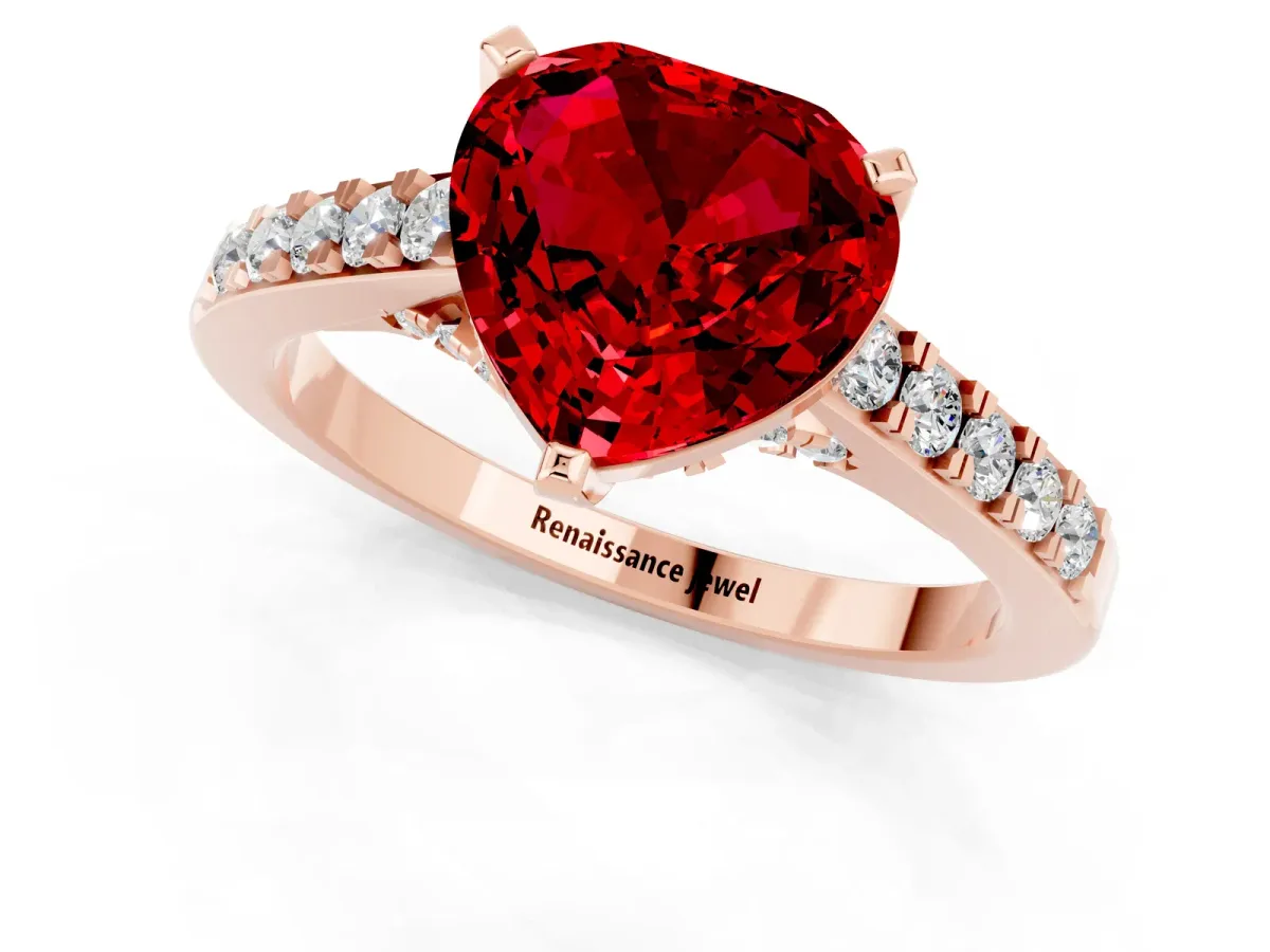 Heart Cut Ruby Solitaire Ring with Crossover Gallery and Round Pavé Band Rose gold