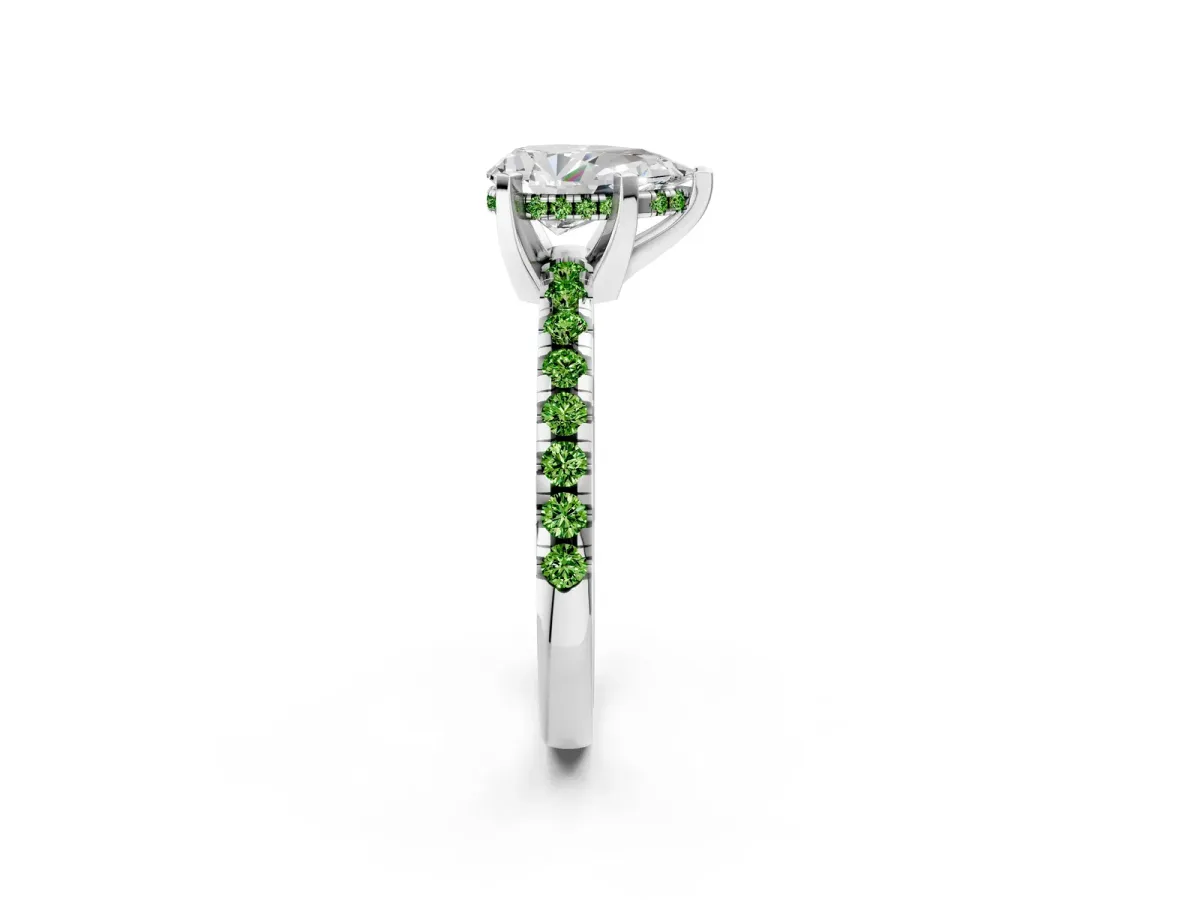 Pear Cut Diamond Solitaire Ring with Round Peridot Pavé Band and Four-Prong Setting Silver
