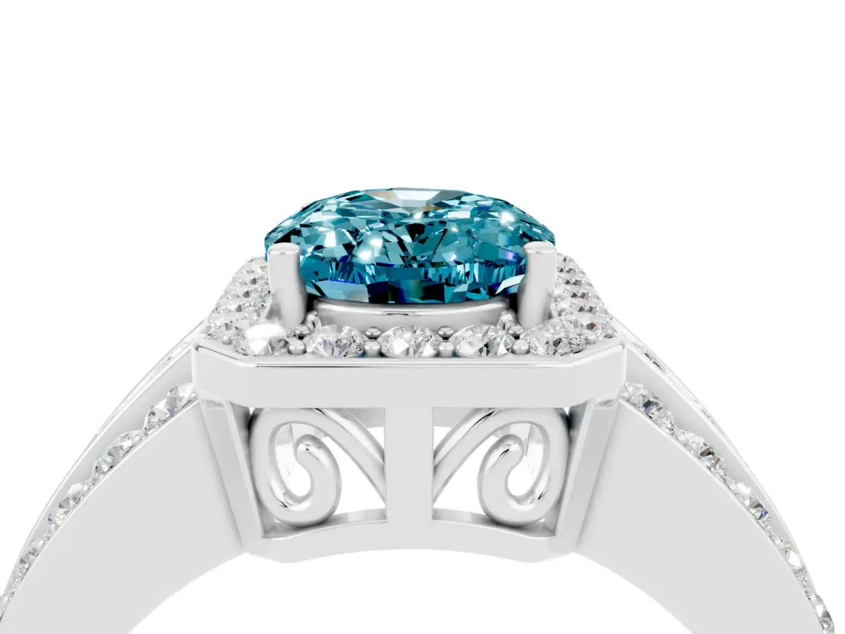 Oval Cut Halo Blue Topaz Ring with Round Split Shank and Prong Setting Platinum