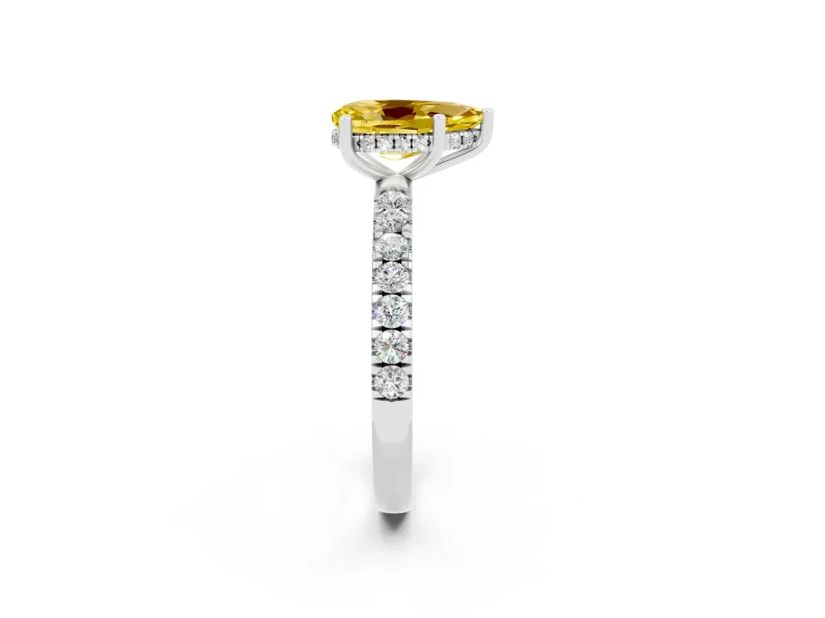 Pear Cut Yellow Sapphire Pave Band Solitaire Ring with Round and Prong Setting Silver