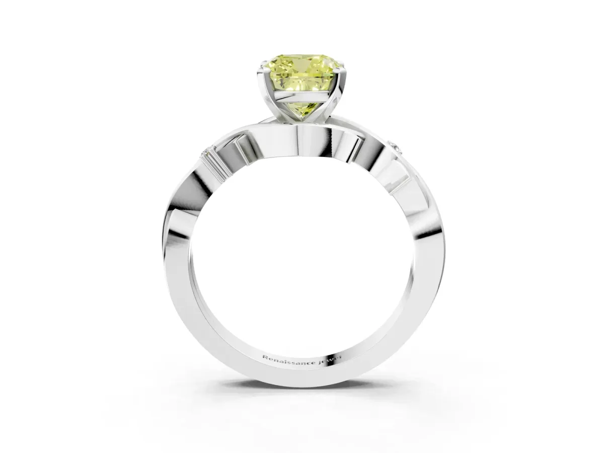 Fancy Yellow Cushion Cut Diamond Solitaire Ring with Twisted Band and Prong Setting Platinum