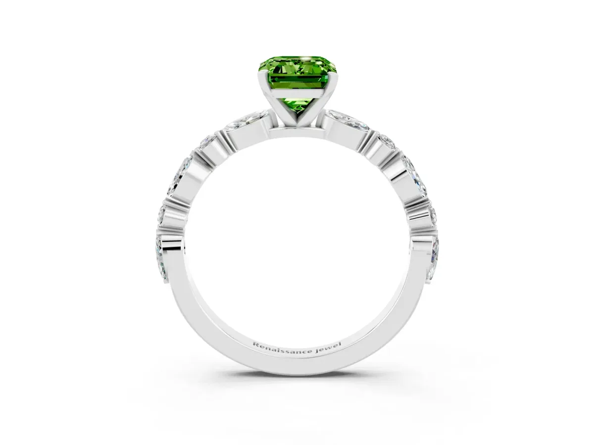 Emerald Cut Peridot Ring with Marquise and Round Side Stones and Four-Prong Setting Silver