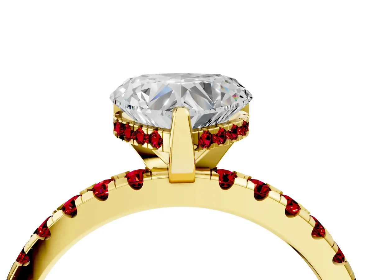Heart Cut Diamond Solitaire Ring with Round Ruby Pavé Band and Four-Prong Setting Yellow gold