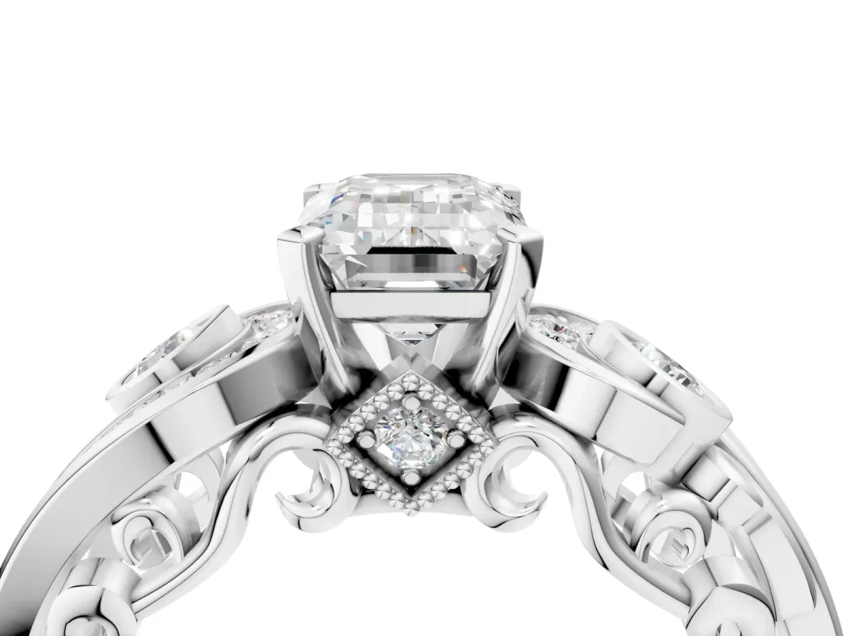 Emerald Cut Diamond Solitaire Ring with Milgrain Pavé Band and Four-Prong Setting Silver